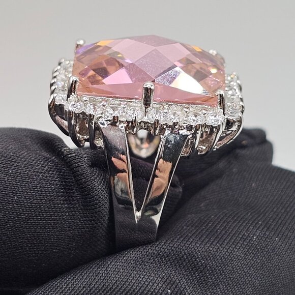 Sterling Silver 925 Rhodium Plated Large Pink CZ Cocktail Ring - Picture 6 of 12